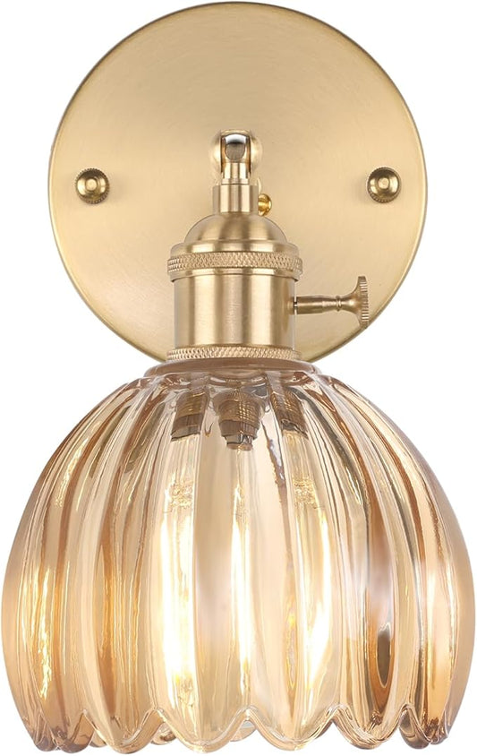Vintage Wall Sconces with Cute Amber Tulip Glass Lampshade 180 Degree Adjustable Brass Sconces Hradwired Modern Wall Lighting Fixture with Switch for Bedside Bedroom Doorway
