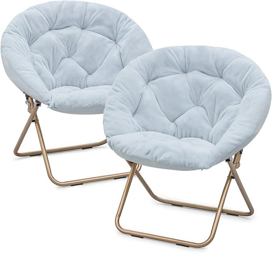 Magshion Saucer Chair for Adults, Comfy Living Room Lounge Chair for Bedroom Corner, Dorm, Apartment, Faux Fur Fluffy Circle Accent Seat with Thick Padded & Folding Metal Frame (Blue, Set of 2)