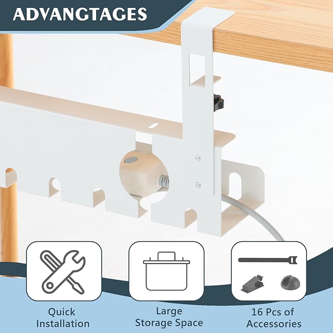 Under Desk Cable Management Tray 2 Pack White, No Drill Cord Organizer with Clamp for Wire Management, Home & Office Accessories