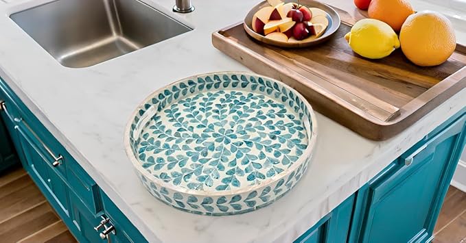 PEMAR 12.6” Mother of Pearl Round Serving Tray with Handles, Decorative Nacred Wooden Ottoman Coffee Table Tray (Teal Floral Pattern)