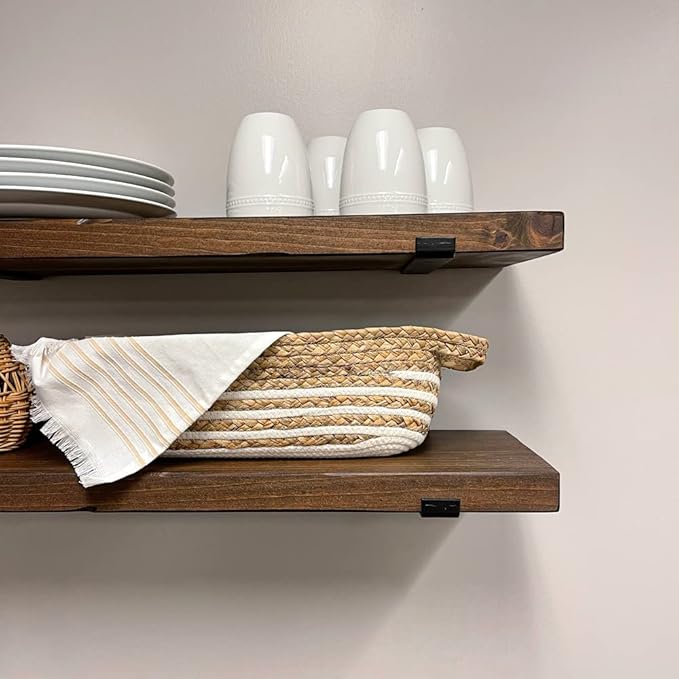 Rustic Shelves with J-Brackets Set of 2, Industrial Shelf, Kitchen Shelves, Solid Wood, Decorative Wall Storage, Heavy Duty, URBANDI (Provincial, 12Wx12D)