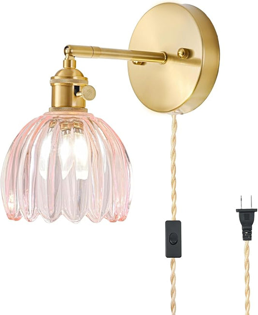 Plug in Wall Sconce, Vintage Sconce Light with Tulip Pink Glass Lampshade, 180° Adjustable Wall Sconce with Switch and Plug in Wall Lamp Cord, Gold Wall Light for Bedroom Bedside