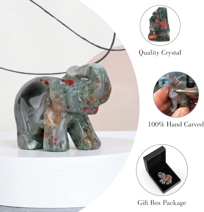SMQ 2.0" Africa Bloodstone Crystal Elephant Statue,Hand Carved Healing Crystal Gemstone Elephant Animal Figurine Crafts Gifts Decor for Home Office Desk