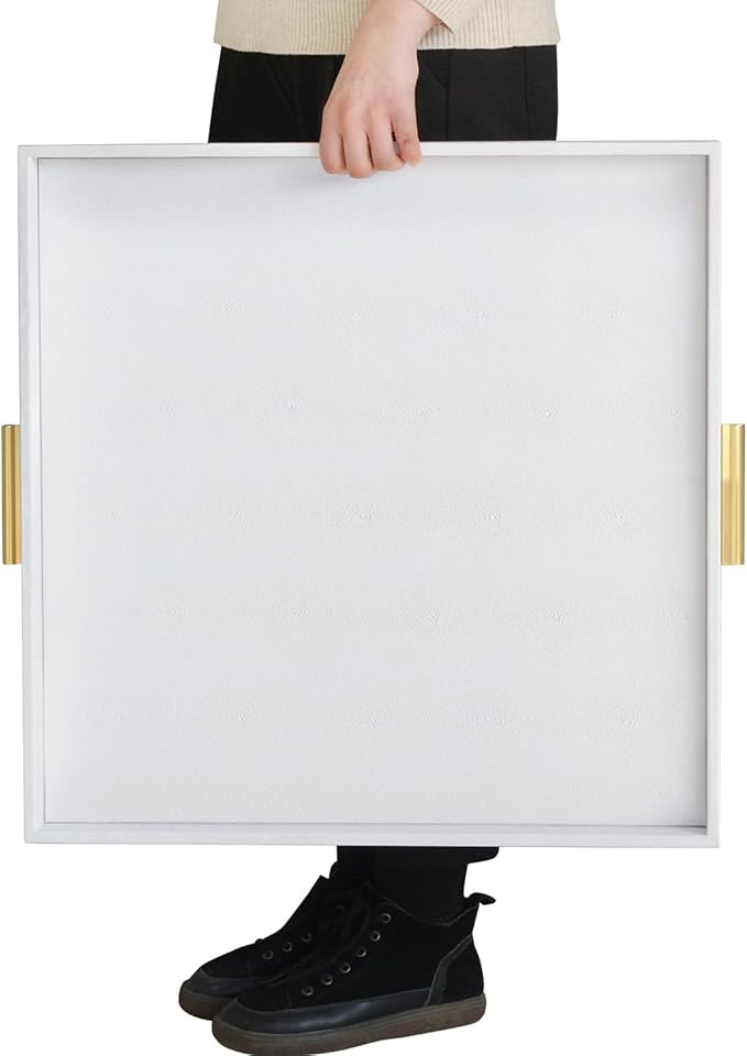 HofferRuffer Extra Large Square Serving Tray, Elegant Faux Leather Ottoman Tray with Gold Hardware Handles, Serve Tea, Coffee or Breakfast in Bed, 24 x 24 inches (White Shagreen)