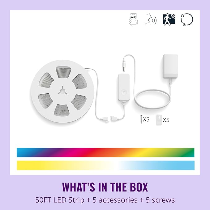 WiZ Connected Smart Light Strip, Sunset/Sunrise Automation, Preset Modes, Control with Voice or App, Full Color RGB Lighting, Voice Control, 50ft Cut to Fit