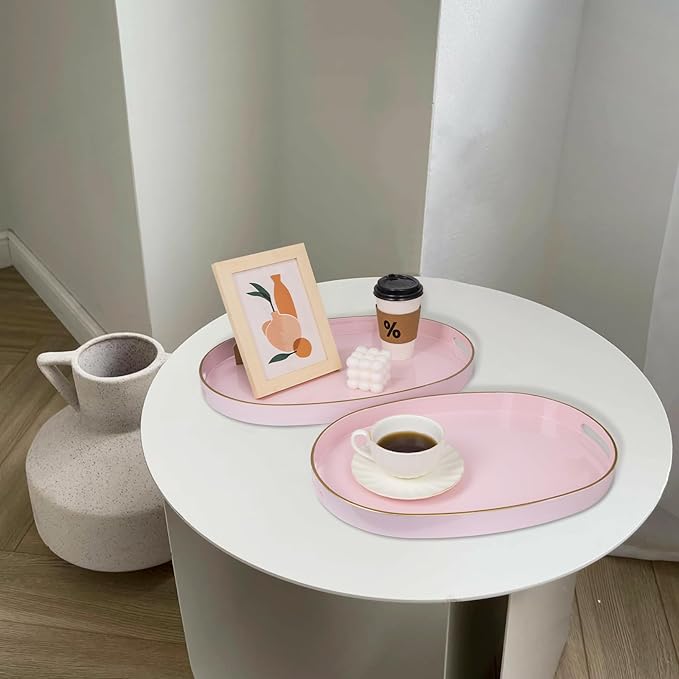 MAONAME Pink Serving Trays with Handles, Oval Decorative Trays for Coffee Table, Nesting Trays Set of 2, Plastic Vanity Trays for Ottoman, Living Room