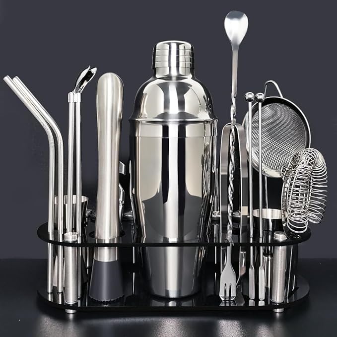 Cocktail Shaker Set, 24oz Cocktail Shaker 21-Piece Stainless Steel Bar Tools Bartending Kit with Black Acrylic Stand Cocktail Recipes Booklet for Drink Mixing, Home, Bar, Party