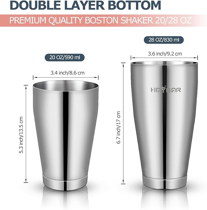 HMYBAR® Mixology Bartender kit | Cocktail Shaker Set | Boston Shaker Set, 20/28 OZ | Martini Making Set for Home Bar. Total 31 pcs incl 39-Recipe Cocktail Cards. Silver Tools. Bamb Stand Black Color