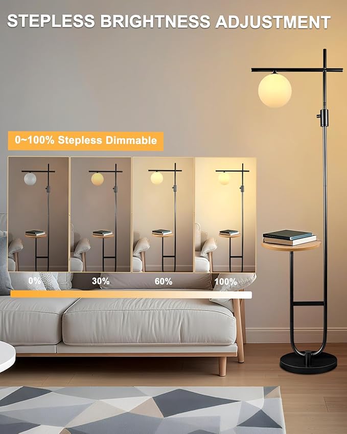 Lightdot 66IN Black Dimmable Floor Lamps with Storage Table, Modern Standing Tall Lamp with Milky White Globe Lampshade, Cross-Shaped Lamp Head and U-Pole Base Style for Living Room/Bedroom/Office