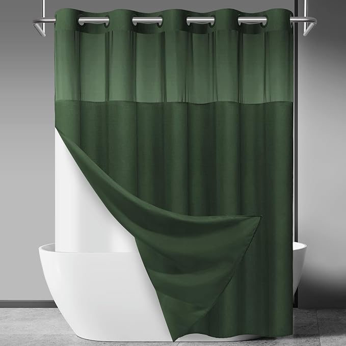 No Hook Slub Textured Shower Curtain with Snap in Liner - Dark Green Fabric Outer Curtain & Waterproof Inner Liner, Hotel Style with See Through Top Window, 71x74 in