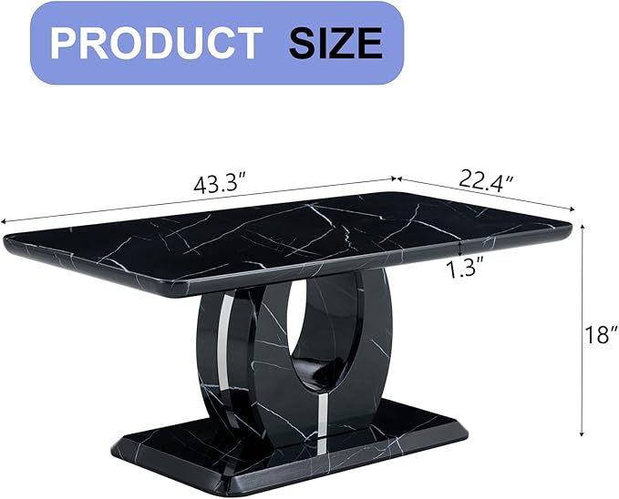 LKTART Rectangle Coffee Table for Living Room, Imitation Marble Coffee Tables with Storage, Modern Stable Base Center Tea Table for Dining Room Small Space Apartment (43.3''L×22.4''W-Black)