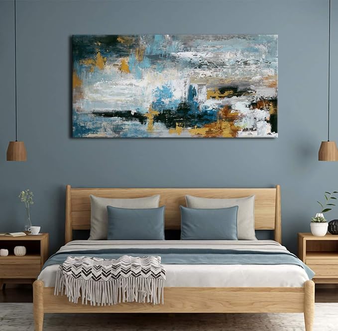 Abstract Wall Art Large Canvas Picture Modern Blue Grey Brown Artwork on Canvas Prints Wall Decoration for Living Room Bedroom Bathroom Kitchen Office Home Wall Decor Framed Ready to Hang 20" x 40"