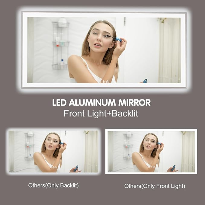 48x32 Silver LED Bathroom Mirror, Rectangle Brushed Nickel Lighted Mirror for Wall, Stepless Dimmable Led Vanity Mirror with Front-lit and Backlit, Tempered Glass, Anti-Fog, Memory