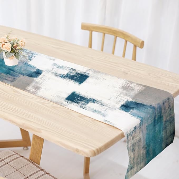 OYIMUA Teal and White Abstract Modern Table Runner, Art Rustic Kitchen Dining Table Decor for Holiday Home Party 13x72 Inches