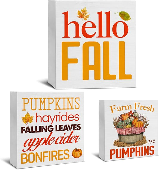 3 Pcs Fall Wood Signs Decor Autumn Wood Block Signs Farmhouse Hello Fall Pumpkins Wooden Box Signs Decorations for Home Tiered Tray Desk Table Shelf