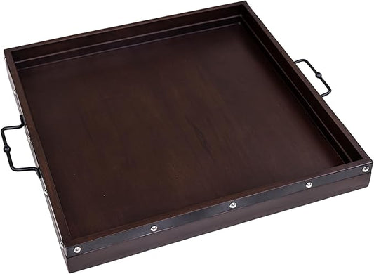 24"x24" Extra Large Square Ottoman Tray, Heavy Duty Mango Wood, for Serving Tea, Breakfast in Bed, Living Room Large Coffee Table Tray Rustic with Farmhouse Style, Decorative Handles and Accent Strap