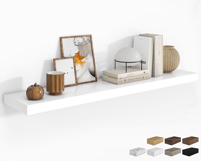 RICHFOCUS 55Inch Floating Shelves for Wall 1 Pack Shelves for Bedroom|Kitchen|Bathroom Wall Mounted Rustic Wood Floating Shelf with Invisible Brackets for Books|Storage|Decor, White