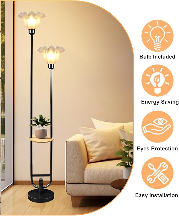 Lightdot Dimmable Flower Floor Lamp for Living Room, Modern Mid Century Floor Lamp with Table, Black Tall Standing Lamp for Bedroom & Home Decor