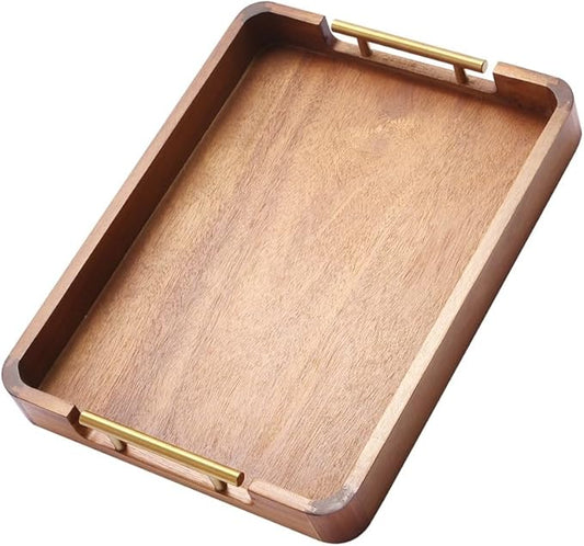 Acacia Wood Serving Tray with Handles, 17x13 Inch Ottoman Tray for Coffee Table,Candle Display,Breakfast in Bed, Large Wooden Decorative Tray with Non-Slip Pads, for Kitchen, Dining, Home Decor