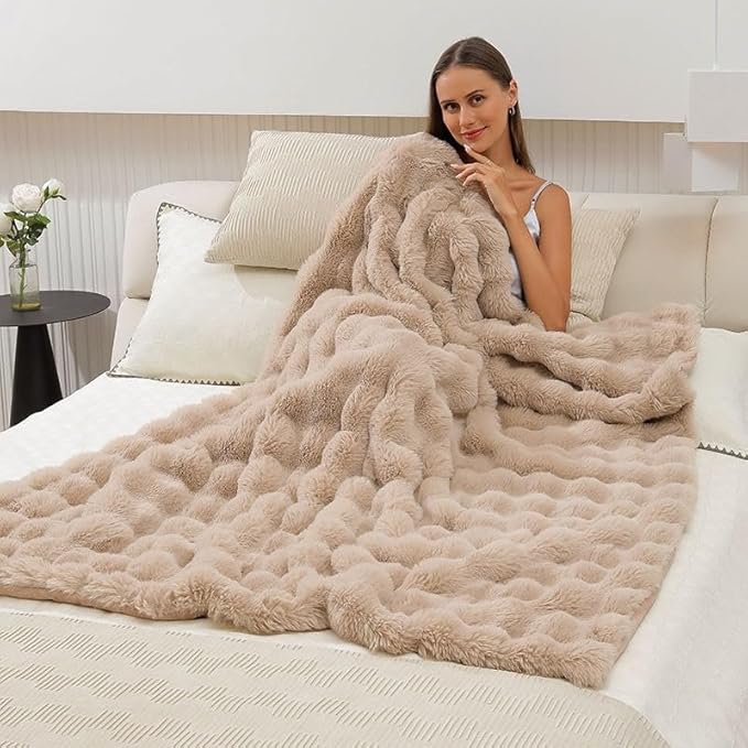 Faux Fur Throw Blanket for Couch Cozy Fuzzy Soft Plush Thick Fluffy Fleece Bubble Blanket for Sofa Bedroom Living Room, 63x79 Inches Camel