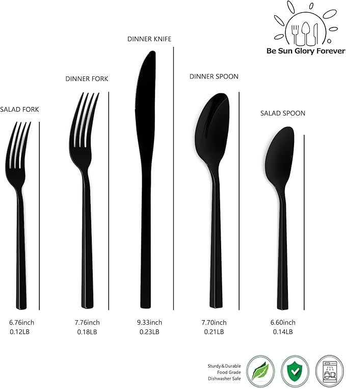 Cubic Black 20-Piece Silverware Set, 18/10 Forged Stainless Steel Flatware, Mirror Polished Modern Cutlery Set, Service for 4, Dishwasher Safe
