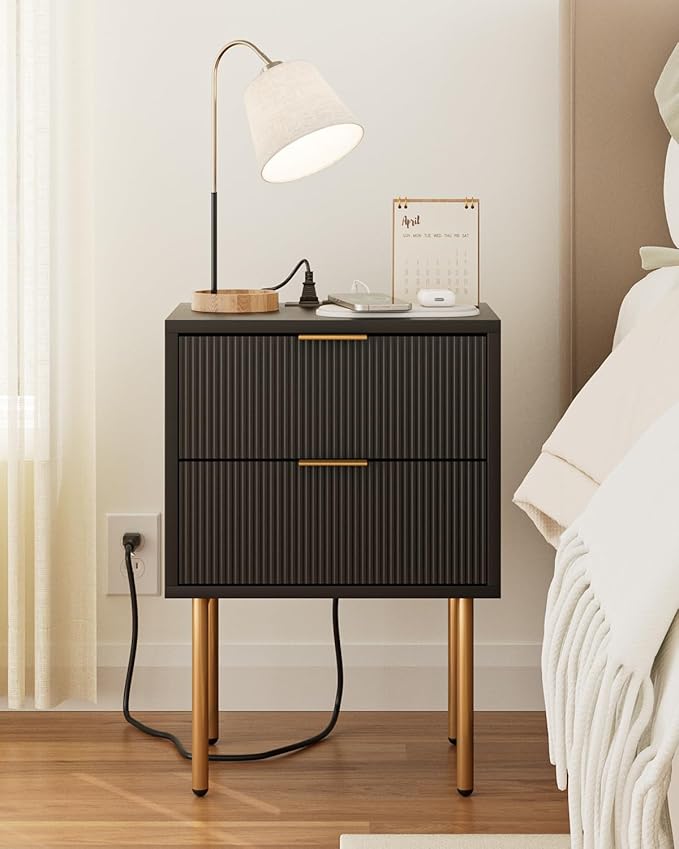 Masupu Nightstand with Charging Station,Mid-Century Modern Bedside Table with 2 Storage Drawer,Small Gold Frame Side End Table for Bedroom,Living Room (Black)