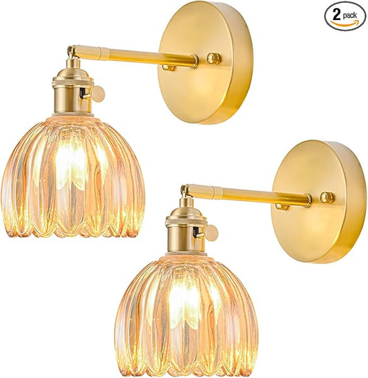Wall Sconces Set of Two Hardwired, Vintage Sconce Light with Tulip Amber Glass Lampshade, Bathroom Wall Lights with Switch, Gold Wall Light Sconces Wall Decor Set of 2