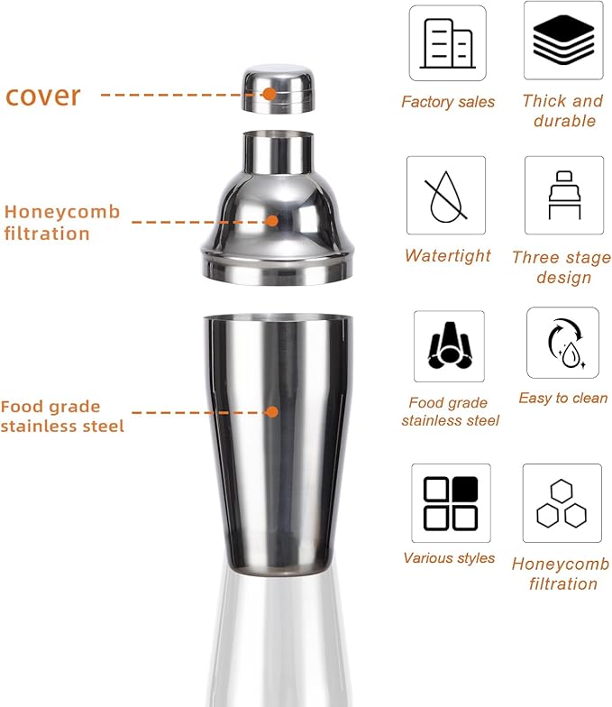 6 Piece 12oz Professional Cocktail Shaker Set with Built-in Strainer,Martini and Margarita Shaker for Home Bar, Boston Bartending Kit Gift for Beginners (350ml/12oz)