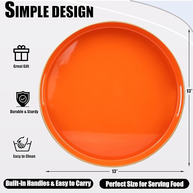 Orange Round Decorative Tray with Handles, 13" Elegant Coffee Table Serving Tray for Ottoman Living Room, Bathroom, Outdoors, Breakfast