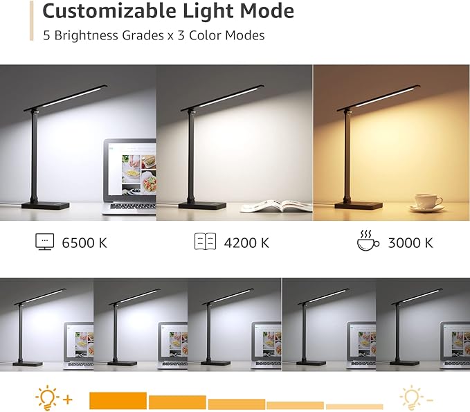 Lepro LED Desk Lamp with USB Charging Port,650LM Dimmable Home Office Touch Control Reading Table Lamp,5 Color Modes with 5 Brightness,College Dorm Room Essentials, Eye Caring, Sewing, Crafting, Black
