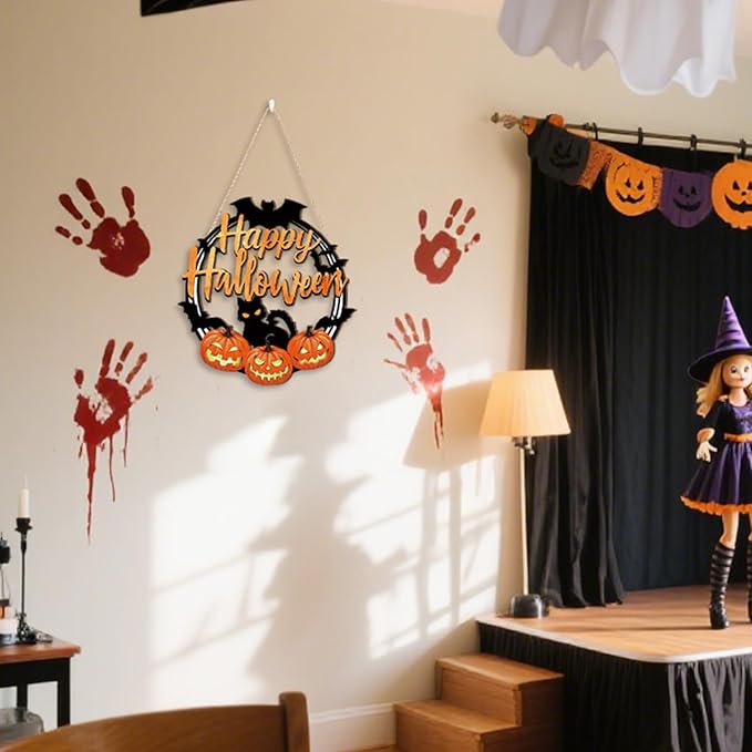 HPNIUB Halloween Door Decorations, Halloween Wreath Scary Pumpkin Black Cat Bat Front Door Hanger Wooden Hanging Sign Wall Decor for Room Party Indoor Home Decor