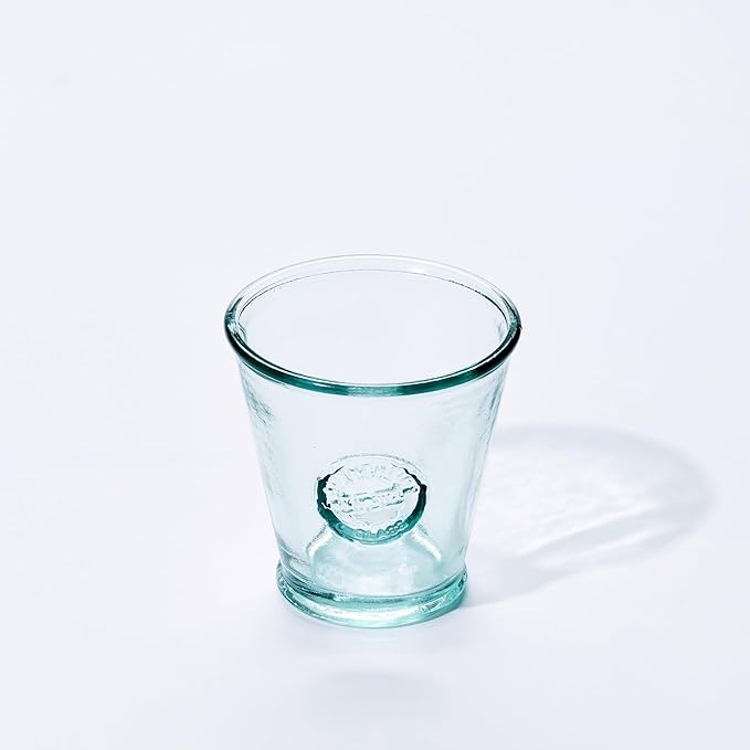 Small Drinking Glasses 8 Oz, Made Of 100% Recycled Glass Drinking Glasses Set Of 6, Authentic Embossed Old Fashioned Glasses, Ideal for Water, Milk, Juice, Espressos, Made In Spain.