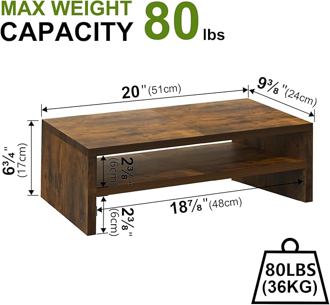 TEAMIX 2 Tier Wooden Monitor Riser Stand, Desktop Stand with storage for Laptop/PC/Printer/Keyboard, TV Stand Shelf Home Office Desk Accessories