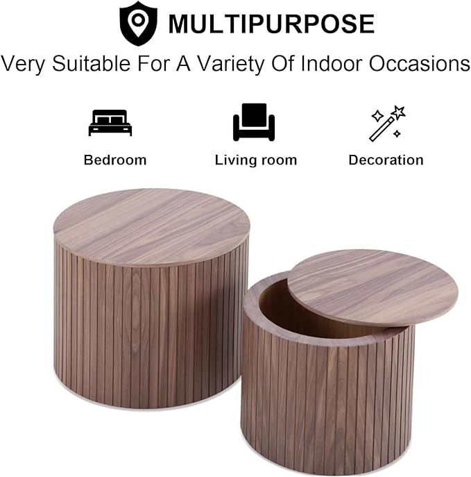 Round Storage Side Table Set of 2, Nesting Coffee Tables with Hidden Storage, Modern Wood Accent End Table for Living Room, Bedroom, Small Space, Minimalist Bedside Table, No Assembly(Walnut)