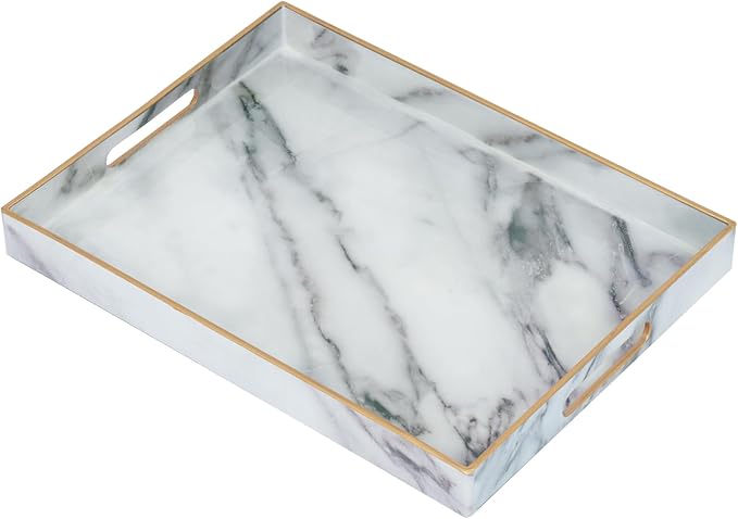 Serving Tray, Marble Plastic Food Trays for Eating on Lap Decor Coffee Tray with Handles Rectangular Non-Slip Candle Plate, 15.7"x11.8"x1.6" Large Drinks Platter for Kitchen/Living Room/Bedroom