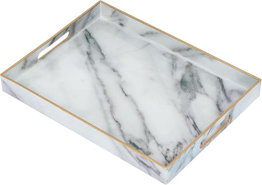 Serving Tray, Marble Plastic Food Trays for Eating on Lap Decor Coffee Tray with Handles Rectangular Non-Slip Candle Plate, 15.7"x11.8"x1.6" Large Drinks Platter for Kitchen/Living Room/Bedroom