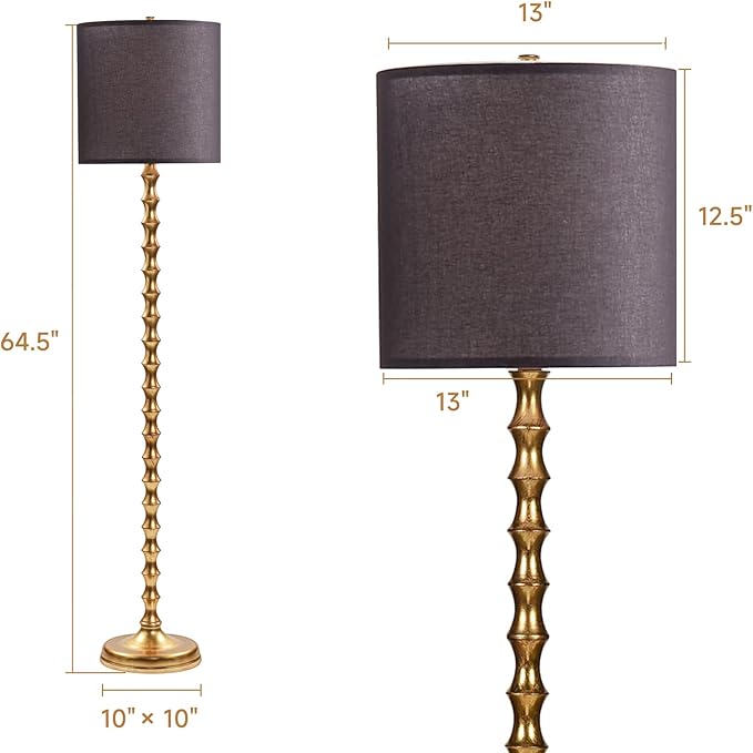 64.5" Tall Floor Lamp, Vintage Gold Finish with White/Black Linen Shade, 3-Level Lighting, Sturdy Base for Living Room, Bedroom, Nursery Decor