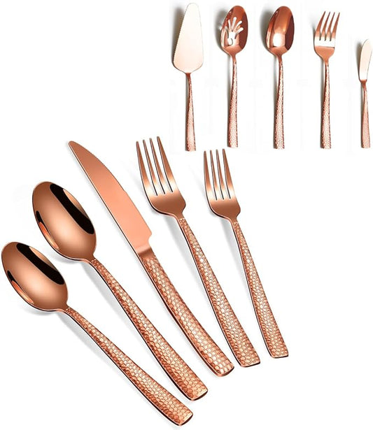45-Piece Silverware Set with Serving Utensils Set, Rose Gold Hammered Stainless Steel Flatware for 8, Food-Grade Tableware, Including Fork, Knife, Spoon Set, Home Kitchen Cutlery, Dishwasher Safe