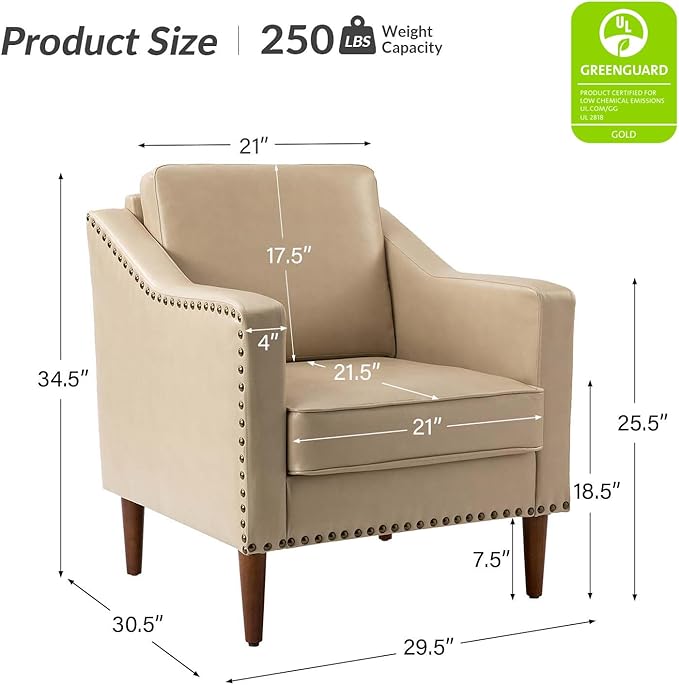 HULALA HOME Faux Leather Accent Armchair with Back & Seat Cushions, Traditional Club Chair with Nailhead Trim, Comfy Upholstered Sofa Chair for Living Room Bedroom, Beige