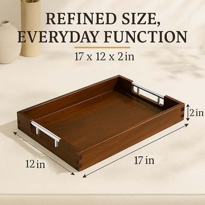 Serving Tray with Handles – 17 x 12 x 2 Inch Dark Brown Acacia Wood Ottoman Tray Table Decorative – Coffee Trays Wood Decor for Kitchen – Breakfast in Bed Trays with Silver Metal Handles