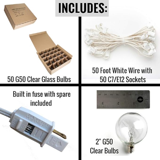 Hometown Evolution, Inc. 50 Foot Globe String Lights - G50 Clear 2 Inch Bulbs (White Wire) - Indoor Outdoor String Lights for Bedroom, Tent, Canopy, Bistro, Cafe and Party Lighting