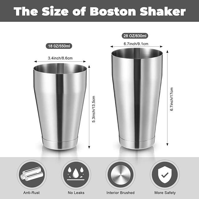 Sabary 2 Pcs Cocktail Shakers Professional Bar Shaker Boston Set Stainless Steel Martini Drink Mixer Basic Tool Weighted Shake Metal Can Cocktail Shaker Set, 18 Oz, 28 oz (Silver)
