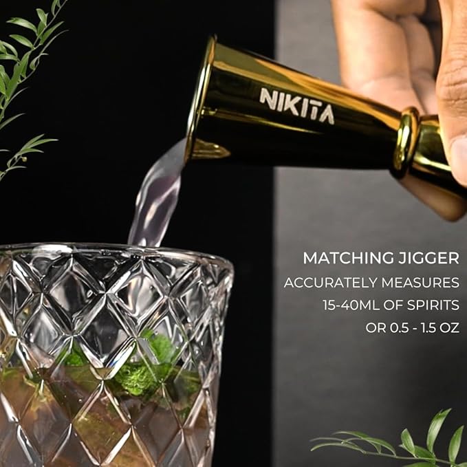 Gold Cocktail Shaker Glass Set - 5 Piece Martini Shaker Set with Strainer, Jigger, Spoon & Muddler - 16oz Crystal Shaker - Ideal Gift for Home Bar & Drink Trolley Décor