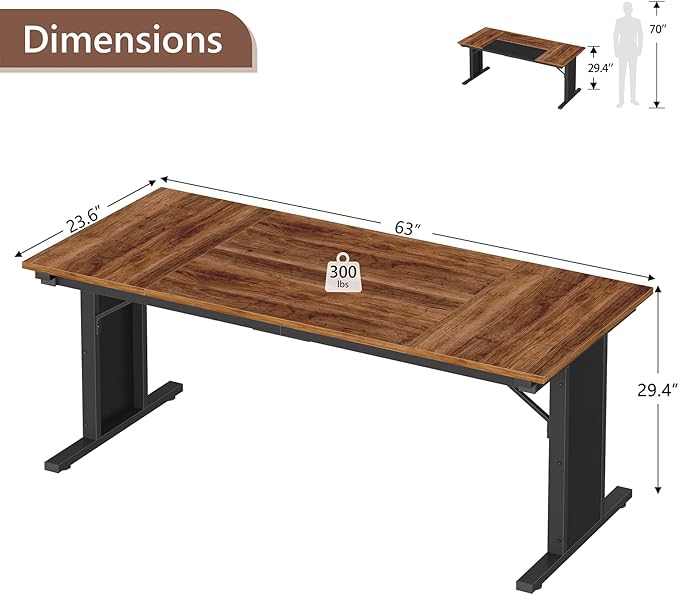 63 inch Computer Desk, Large Executive Office Desk, Farmhouse Work Desk Study Writing Table for Home Office, Brown