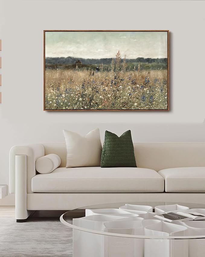 KISSFOX Vintage Landscape Canvas Wall Art Fall Farmhouse Wildflower Field Framed Wall Art Autumn Natural Serene Countryside Paintings Artwork Rustic Art Prints For Bedroom Bathroom Living Room