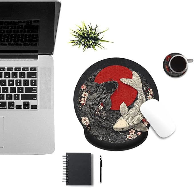 Mouse Pad with Wrist Support, Ergonomic Mouse Pad with Memory Foam Wrist Rest Cushion, Non-Slip Rubber Base Gaming Mice Pad for Home Office Computer Laptop,Koi Fish