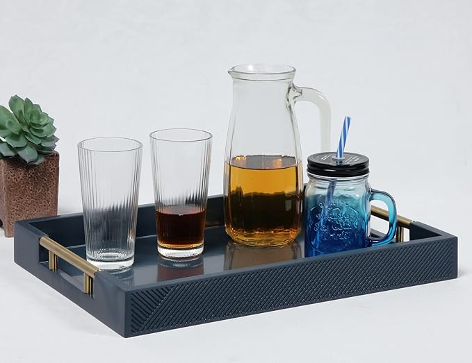 Serving Tray with Polished Metal Handles, 16.5''x12'' Rectangle Coffee Table Tray, Modern Decorative Tray, Large Ottoman Tray, Perfect for Storage and Display (Blue)