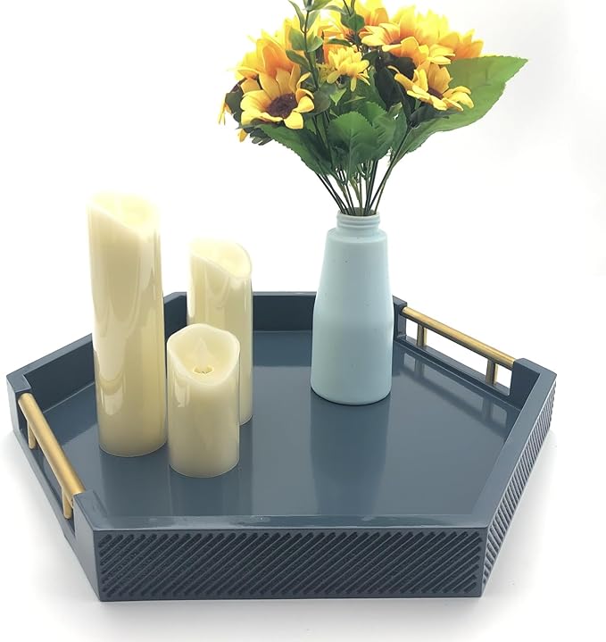 Serving Tray with Polished Metal Handles, Hexagon Coffee Table Tray, Modern Rectangle Decorative Tray, Large Ottoman Tray, Perfect for Storage and Display (Blue Hexagon)