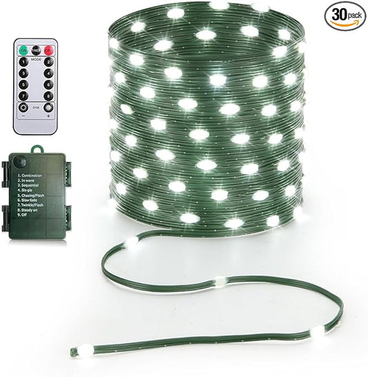 33ft Battery Operated String Lights (2 Pack), 100 LED Fairy String Lights Battery Powered w/Remote & Timer for Indoor Outdoor Christmas Trees Wreath Decoration Bedroom Patio - Cool White