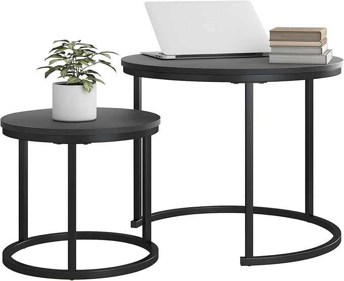 HOJINLINERO Small Coffee Table Set of 2, Round End Tables for Living Room, Modern Black Nesting Tables, Farmhouse Wood Side Table With Metal Frame, Easy Assembly, Stacking